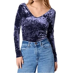 ANA Velvet V Neck‎ Long Sleeve Bodysuit Womens Large Blue Sapphire NEW w/ Tag